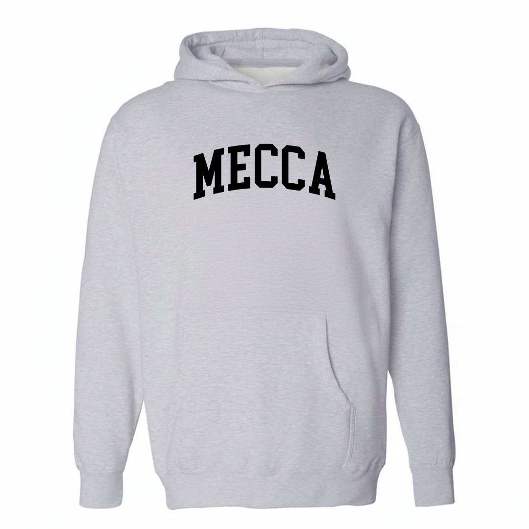 Heather-gray hoodie with the Mecca varsity arched lettering design on the chest.