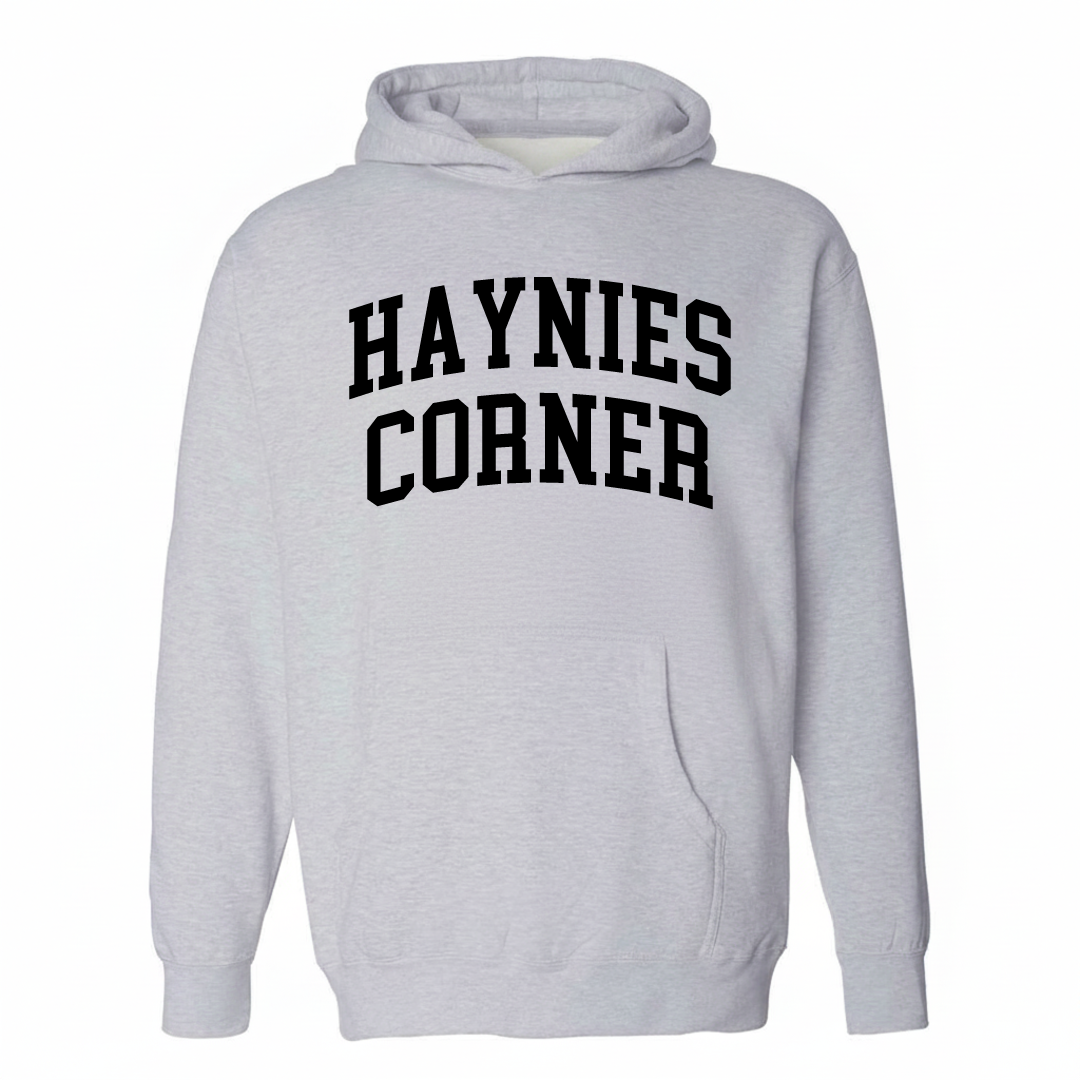 Heather-gray hoodie with the Haynie's Corner varsity arched lettering design on the chest.