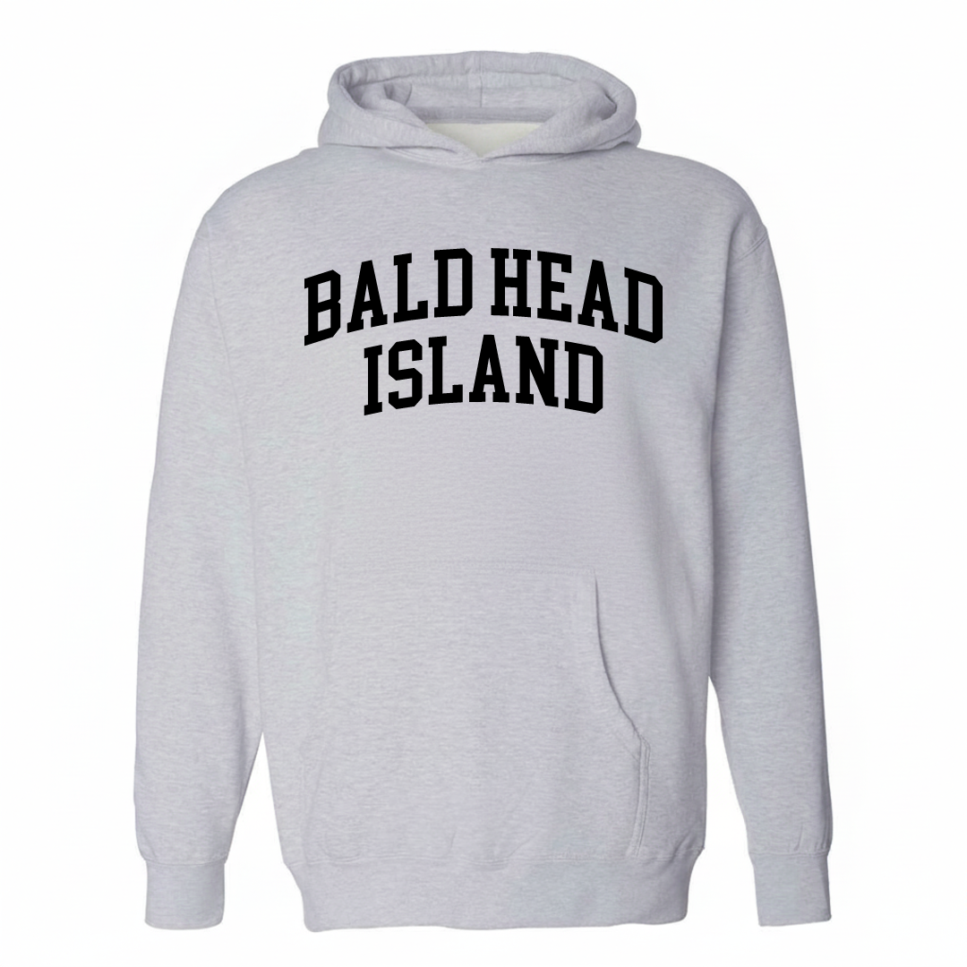 Heather-gray hoodie with the Bald Head Island varsity arched lettering design on the chest.