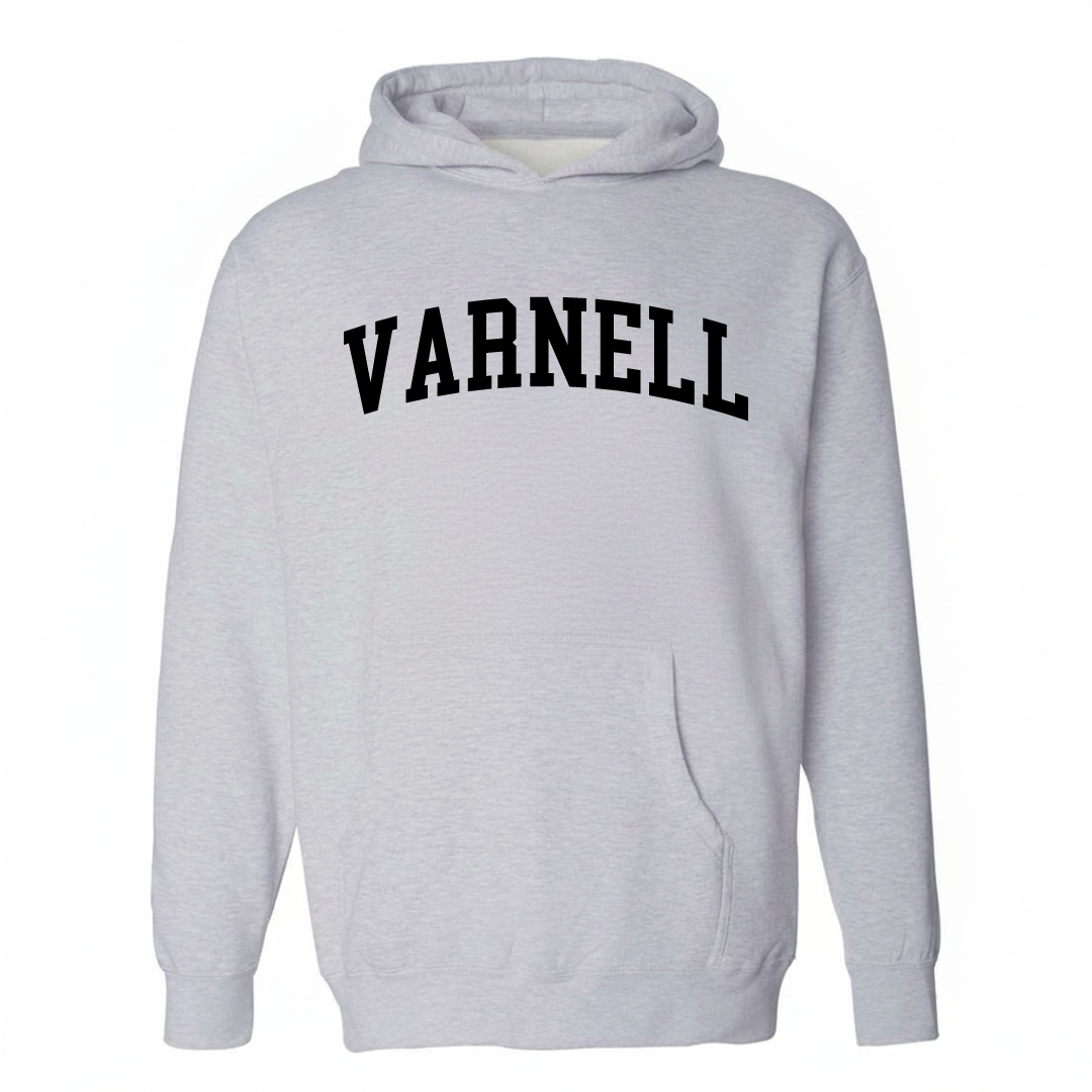 Heather-gray hoodie with the Varnell arched varsity lettering design on the chest.