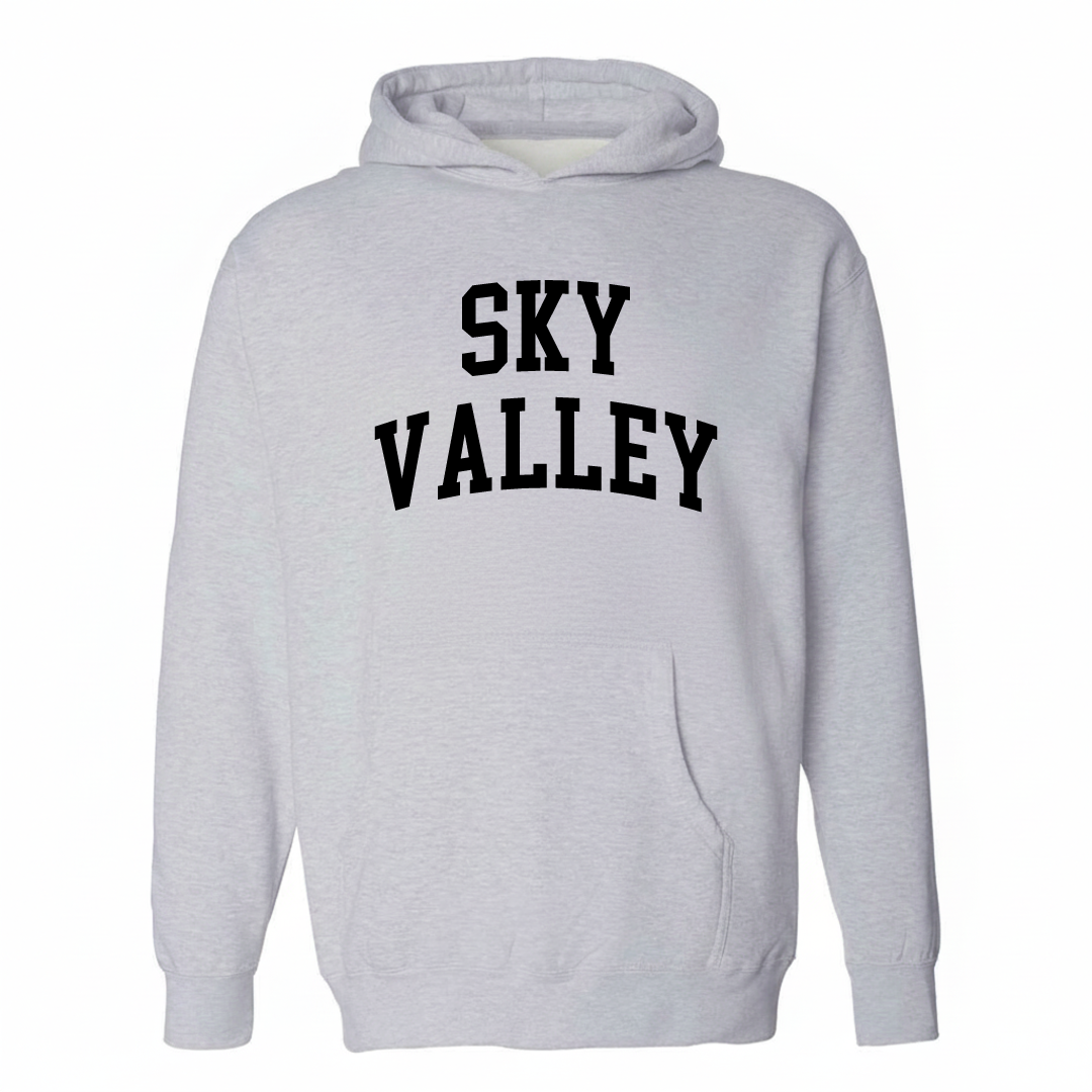 Heather-gray hoodie with the Sky Valley arched lettering varsity-collegiate design on the chest.