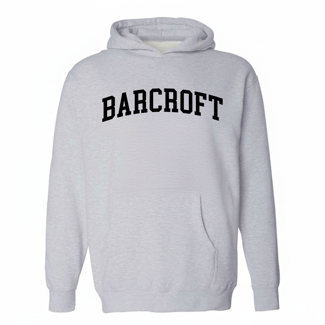 Heather-gray hoodie with the Barcroft arched varsity lettering design on the chest.