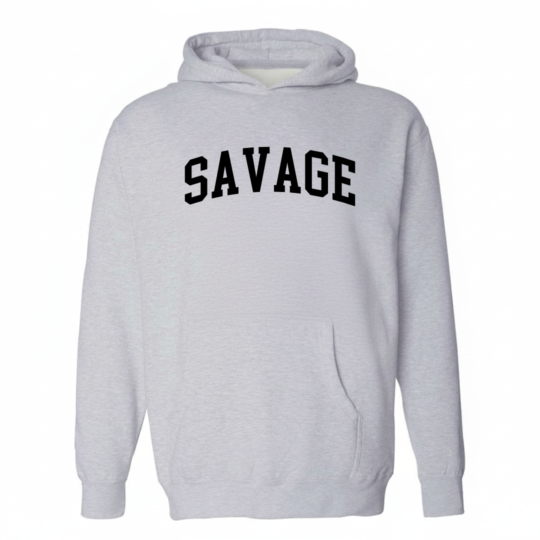 Heather-gray hoodie with the Savage arched varsity lettering design on the chest.