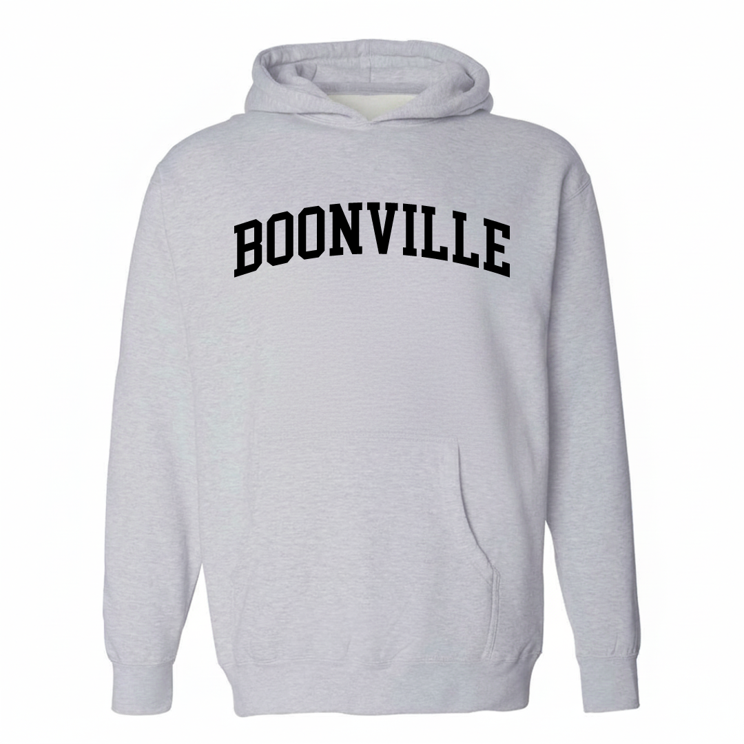 Heather-gray hoodie with the Boonville varsity arched lettering design on the chest.