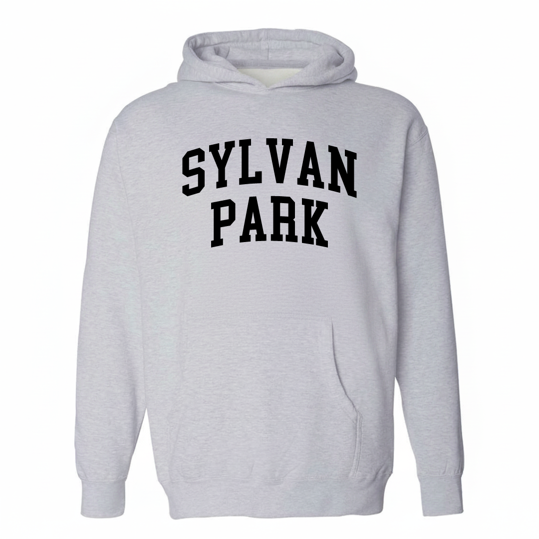 Heather-gray hoodie with the Sylvan Park varsity arched lettering design on the chest.