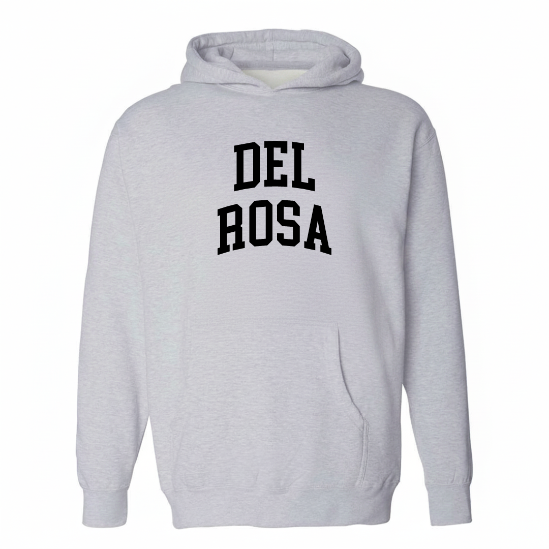 Heather-gray hoodie with the Del Rosa arched lettering design on the chest.
