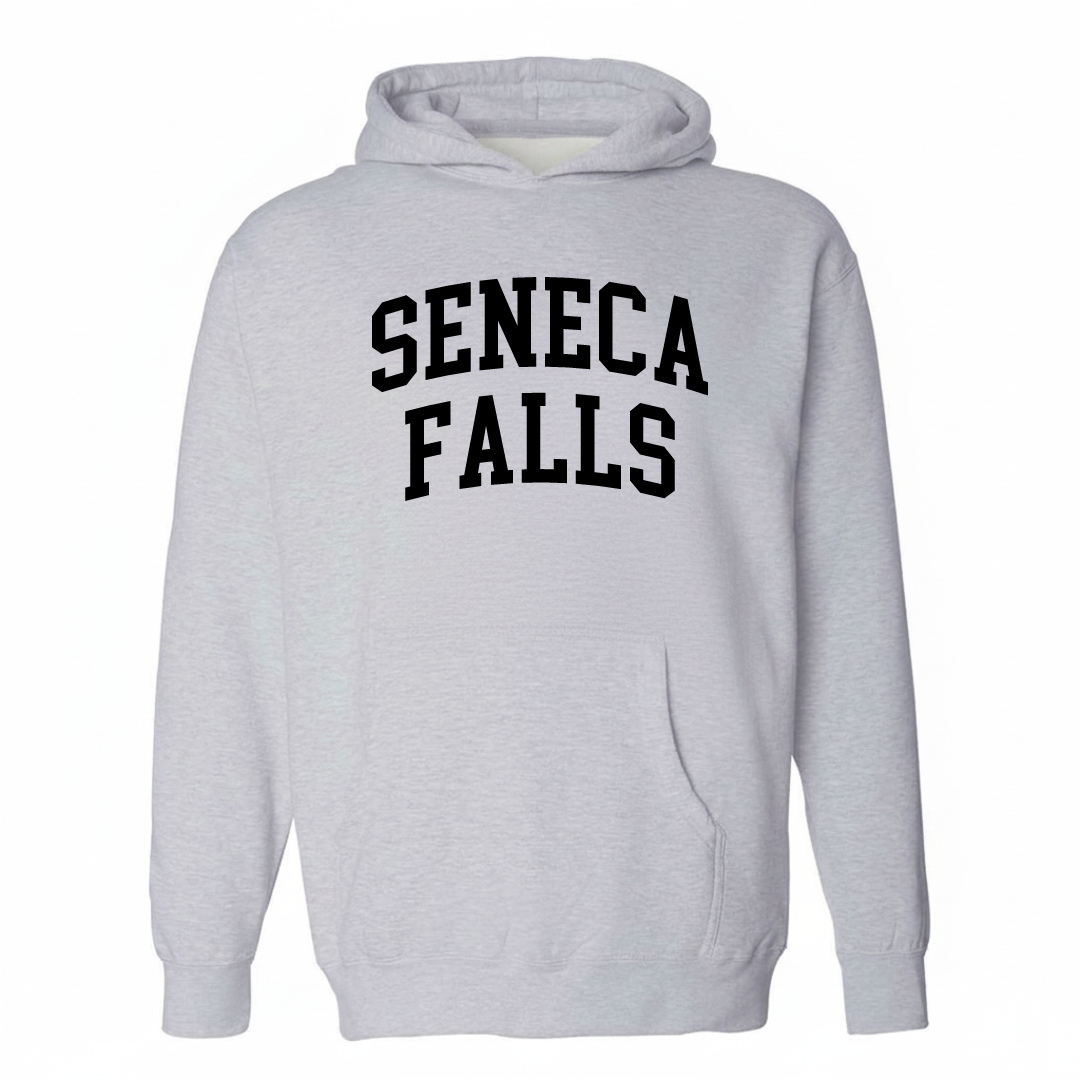 Heather-gray hoodie with the Seneca Falls varsity arched lettering design on the chest.