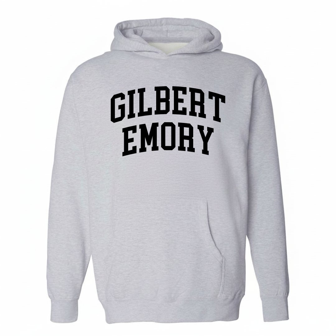 Heather-gray hoodie with the Gilbert-Emory varsity arched lettering design on the chest.