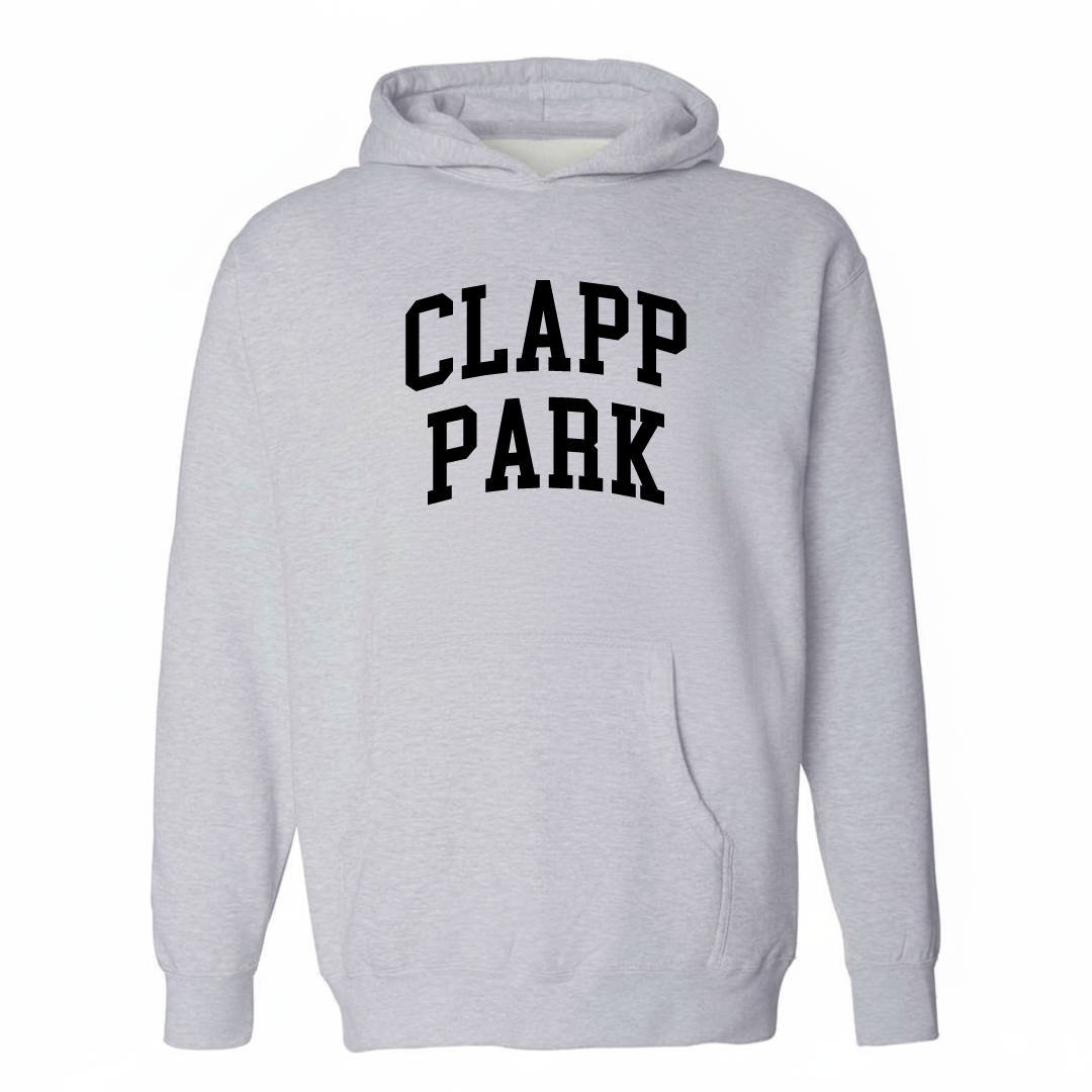 Heather-gray hoodie with the Clapp Park varsity arched lettering design on the chest.