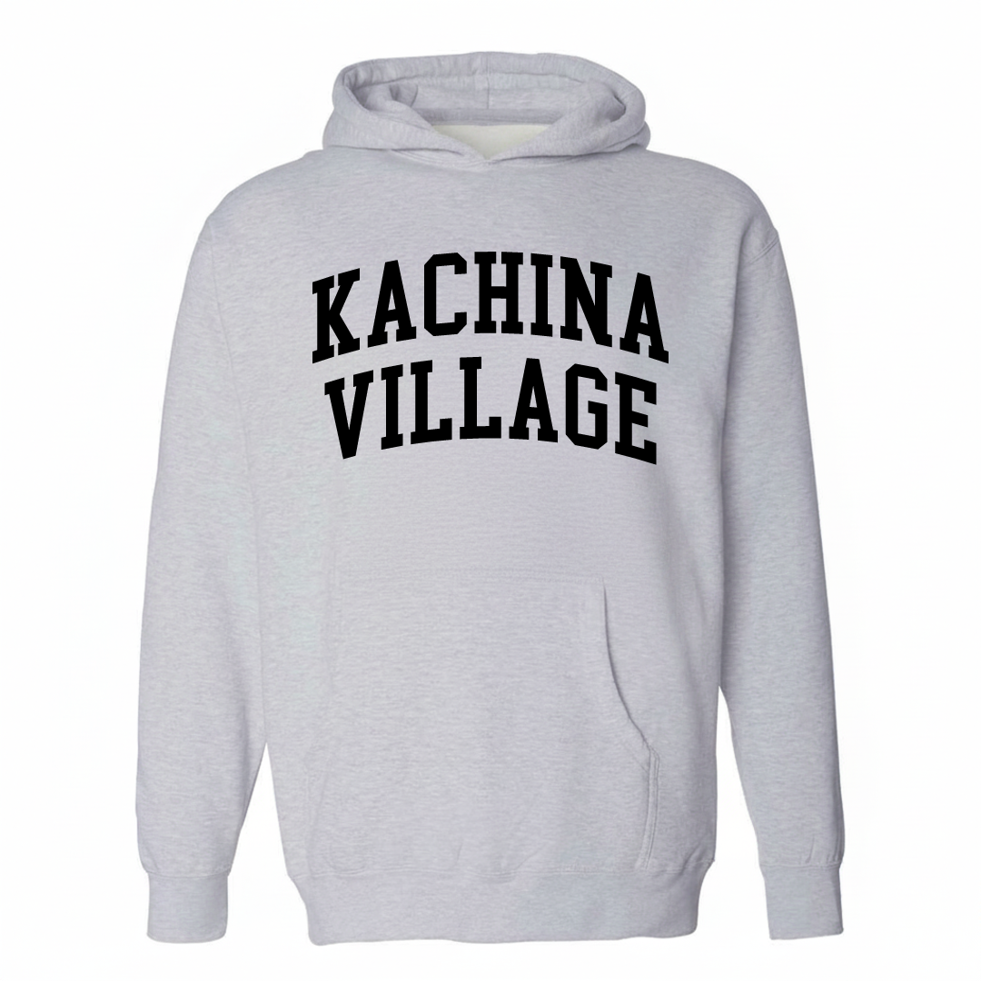 Heather-gray hoodie with the Kachina Village varsity arched lettering design on the chest.