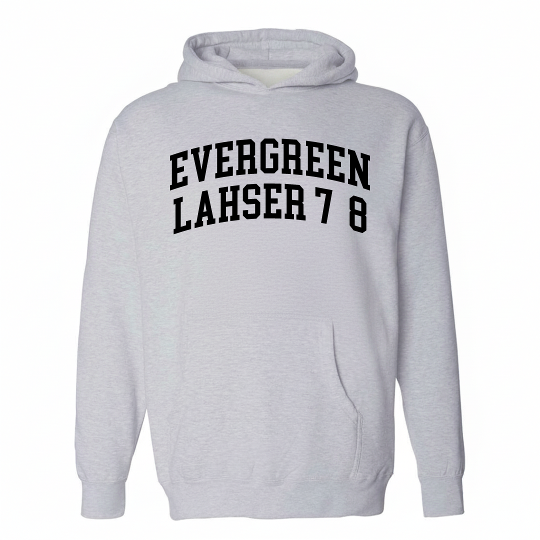 Heather-gray hoodie with the Evergreen Lahser 7/8 arched lettering design on the chest.