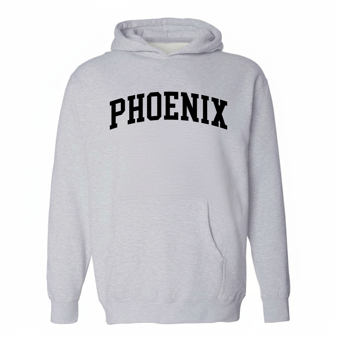 Heather-gray hoodie with the Phoenix NY varsity arched lettering design on the chest.