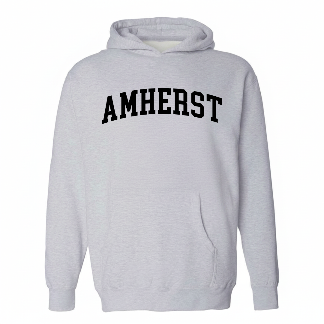 Heather-gray hoodie with the Amherst arched varsity lettering design on the chest.