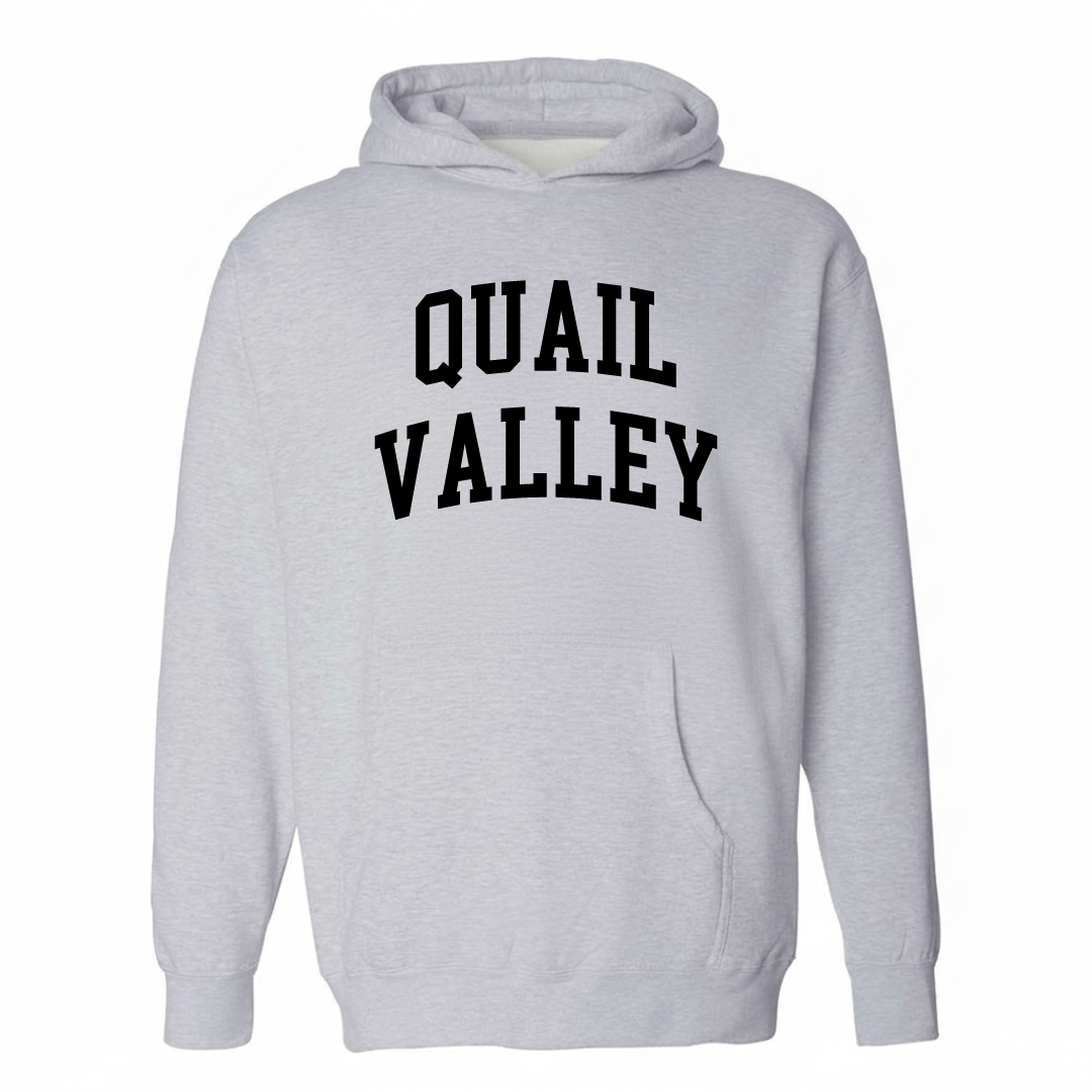 Heather-gray hoodie with the Quail Valley varsity arched lettering design on the chest.