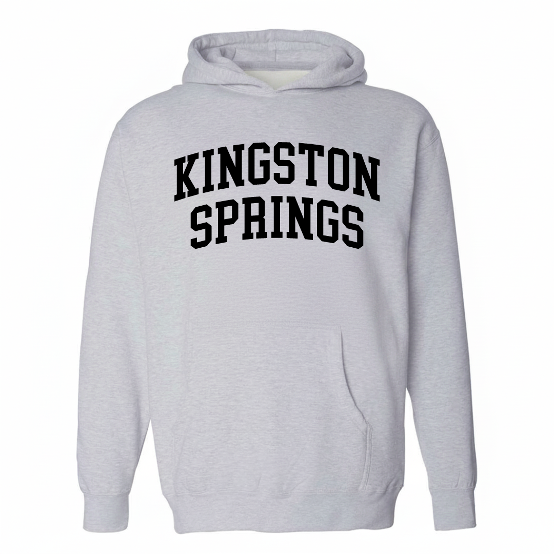 Heather-gray hoodie with the Kingston Springs arched lettering design on the chest.