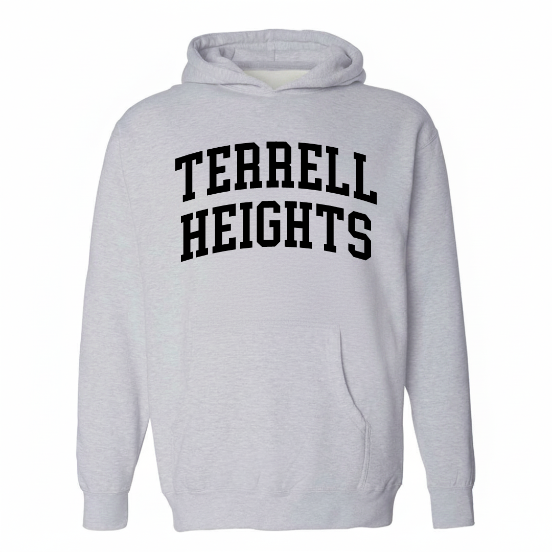 Heather-gray hoodie with the Terrell Heights varsity arched lettering design on the chest.