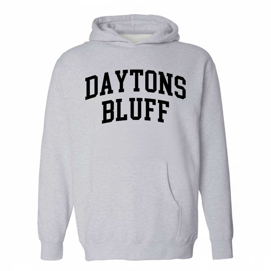 Heather-gray hoodie with the Dayton's Bluff varsity arched lettering design on the chest.