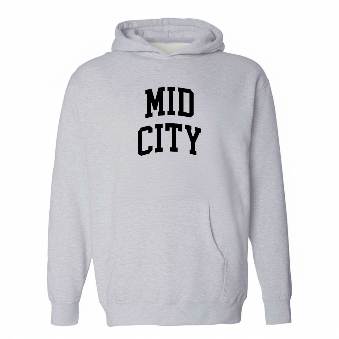 Heather-gray hoodie with the Mid-City New Orleans arched lettering design on the chest.