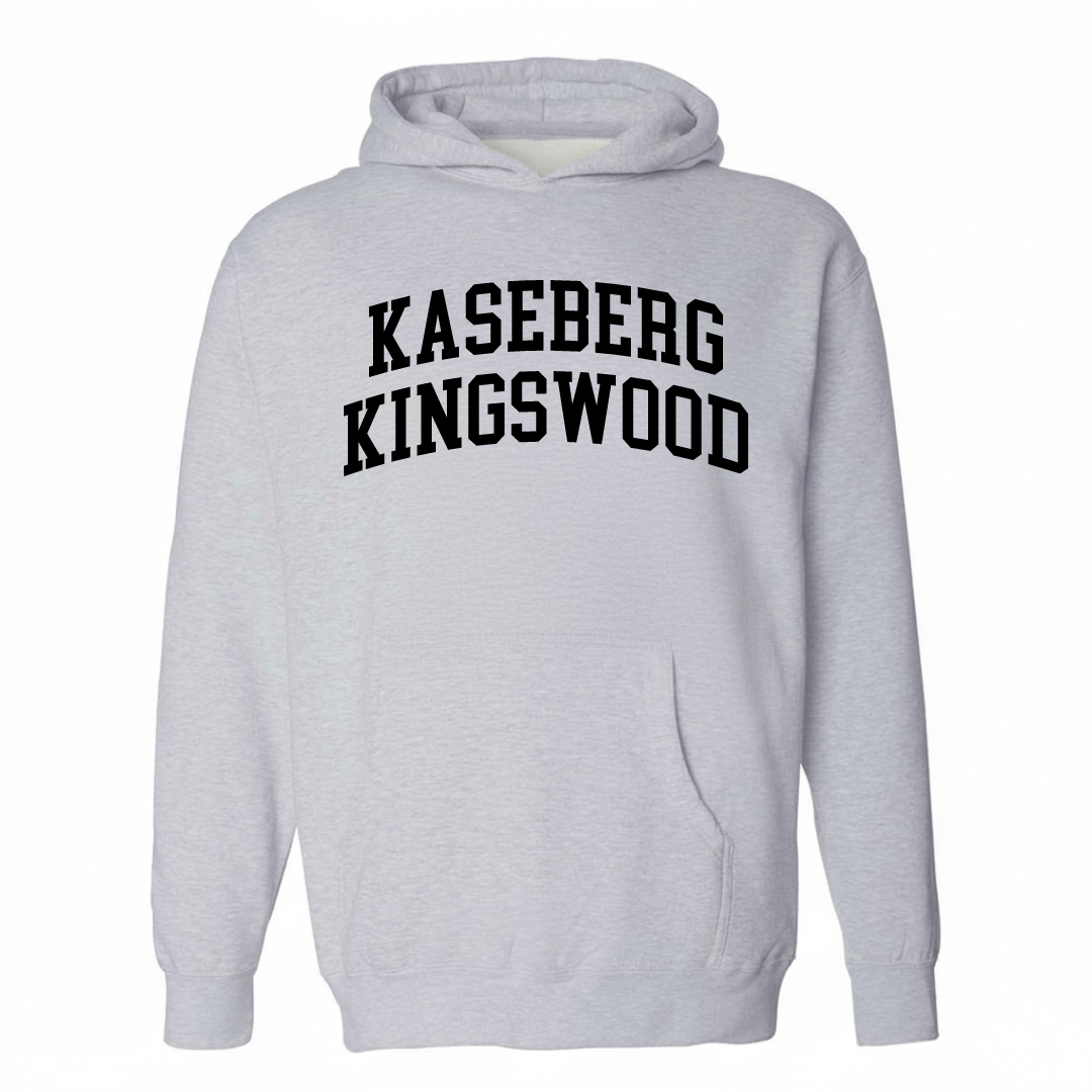Heather-gray hoodie with the Kaseberg-Kingswood arched varsity lettering design on the chest.