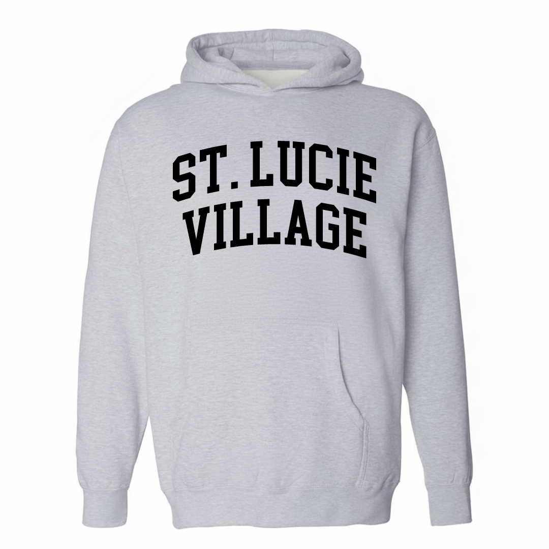 Heather-gray hoodie with the St. Lucie Village arched lettering design on the chest.