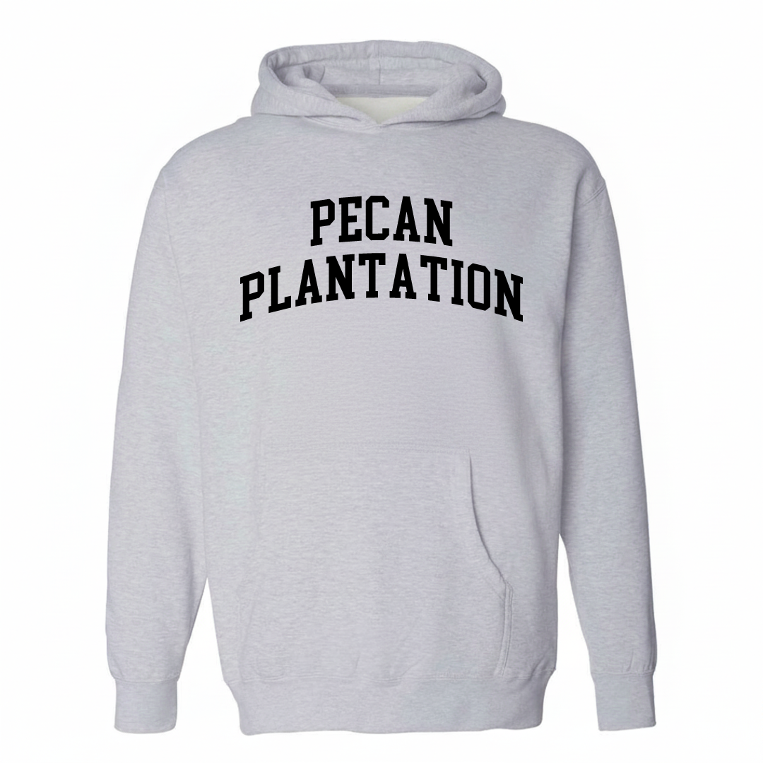 Heather-gray hoodie with the Pecan Plantation arched lettering design on the chest.