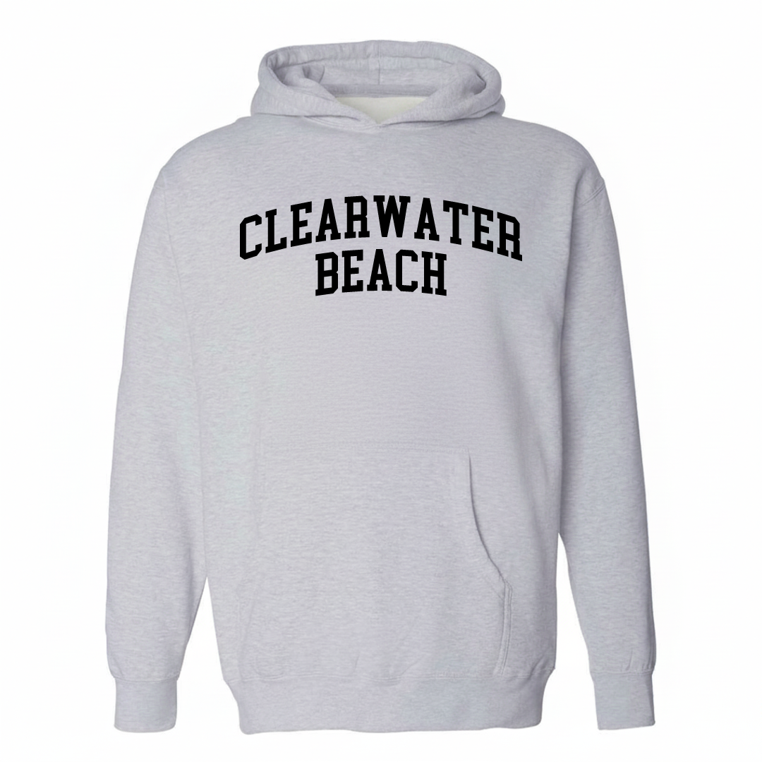 Heather-gray hoodie with the Clearwater Beach varsity arched lettering design on the chest.