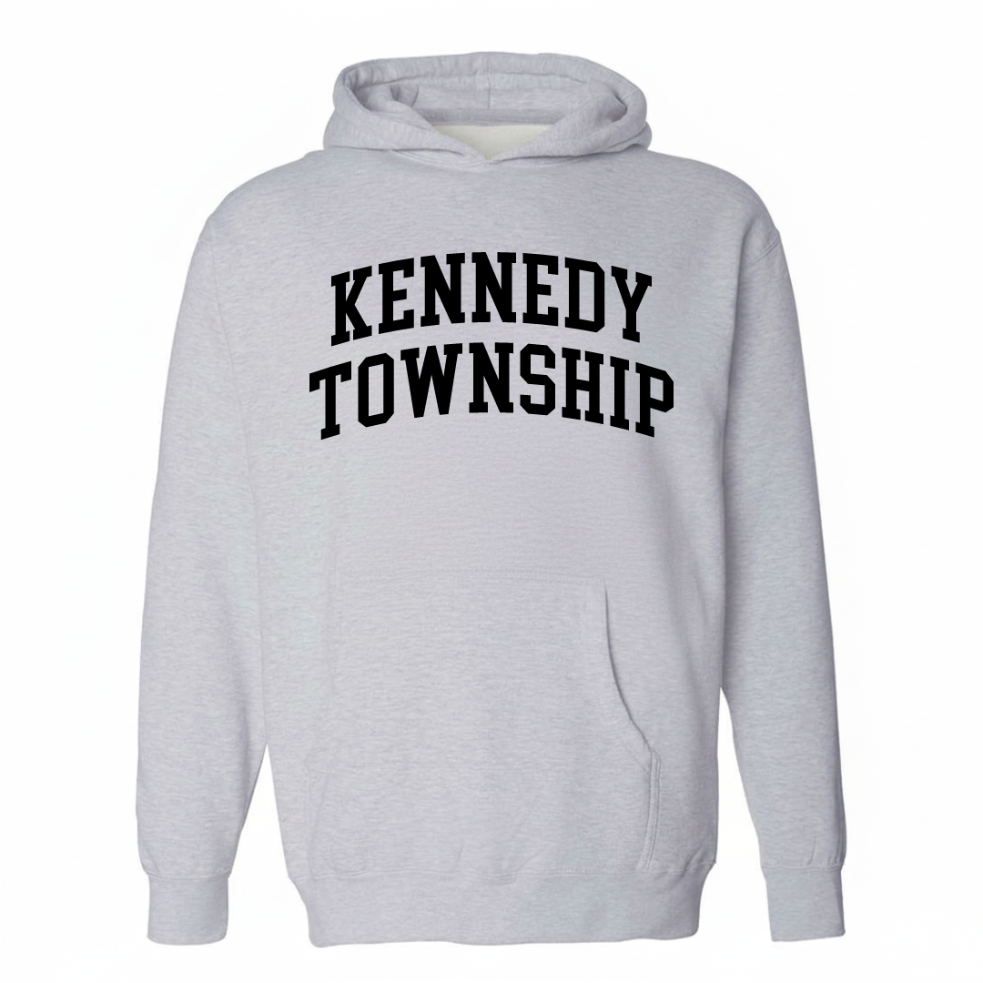 Heather-gray hoodie with the Kennedy Township arched lettering design on the chest.