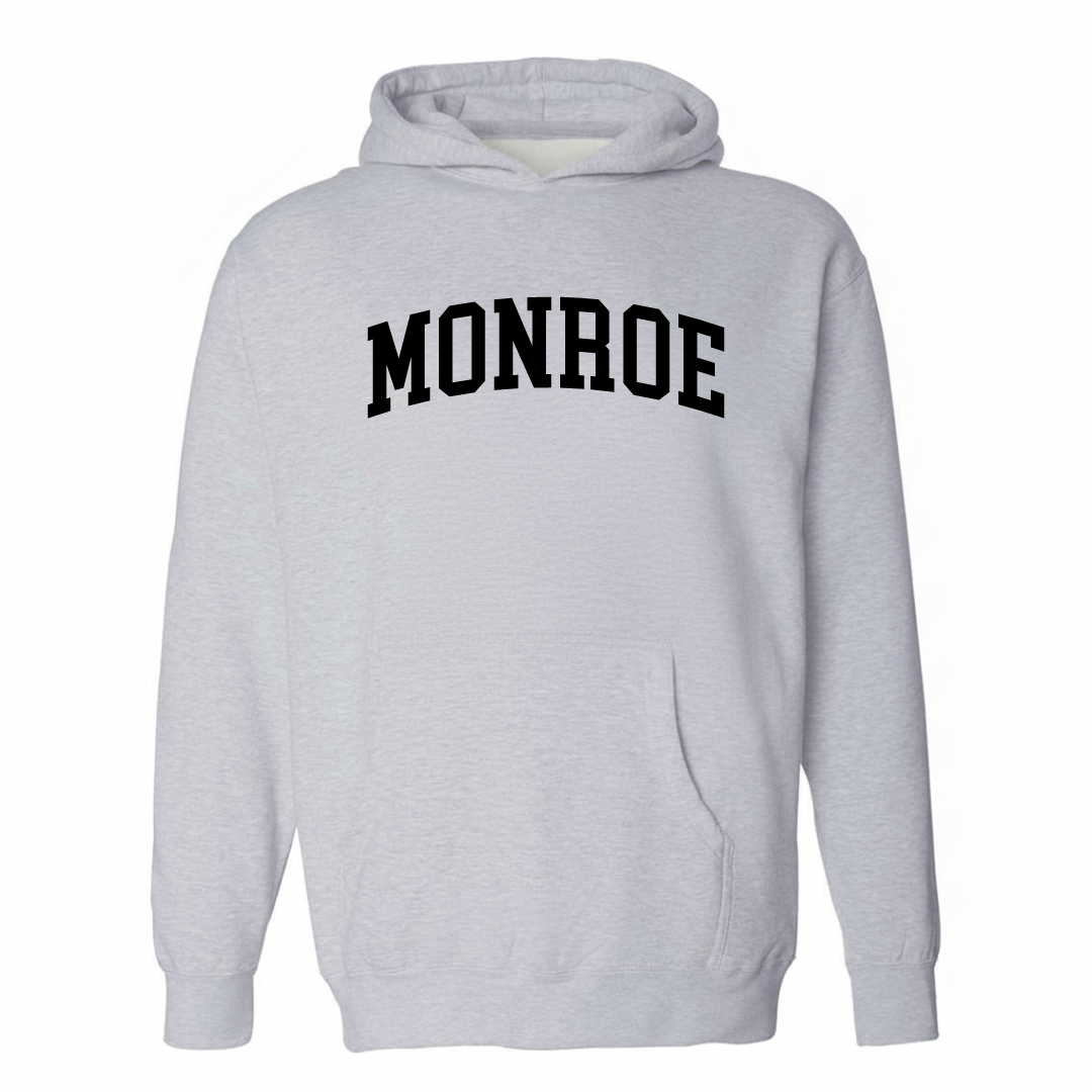 Heather-gray hoodie with the Monroe Georgia varsity arched lettering design on the chest.