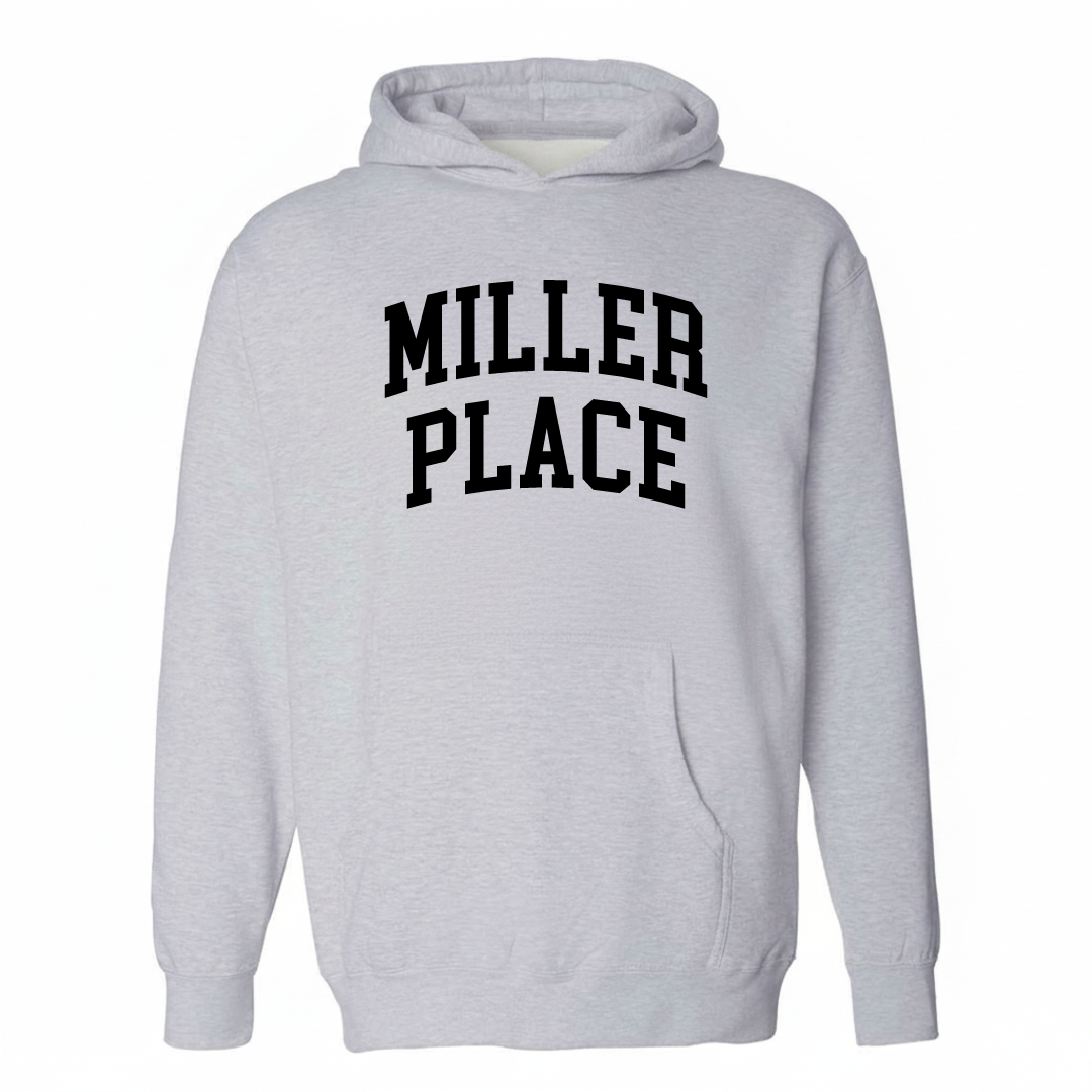 Heather-gray hoodie with the Miller Place varsity arched lettering design on the chest.