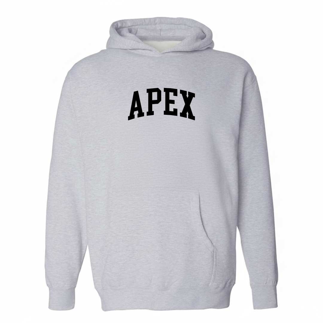 Heather-gray hoodie with the Apex varsity arched lettering design on the chest.