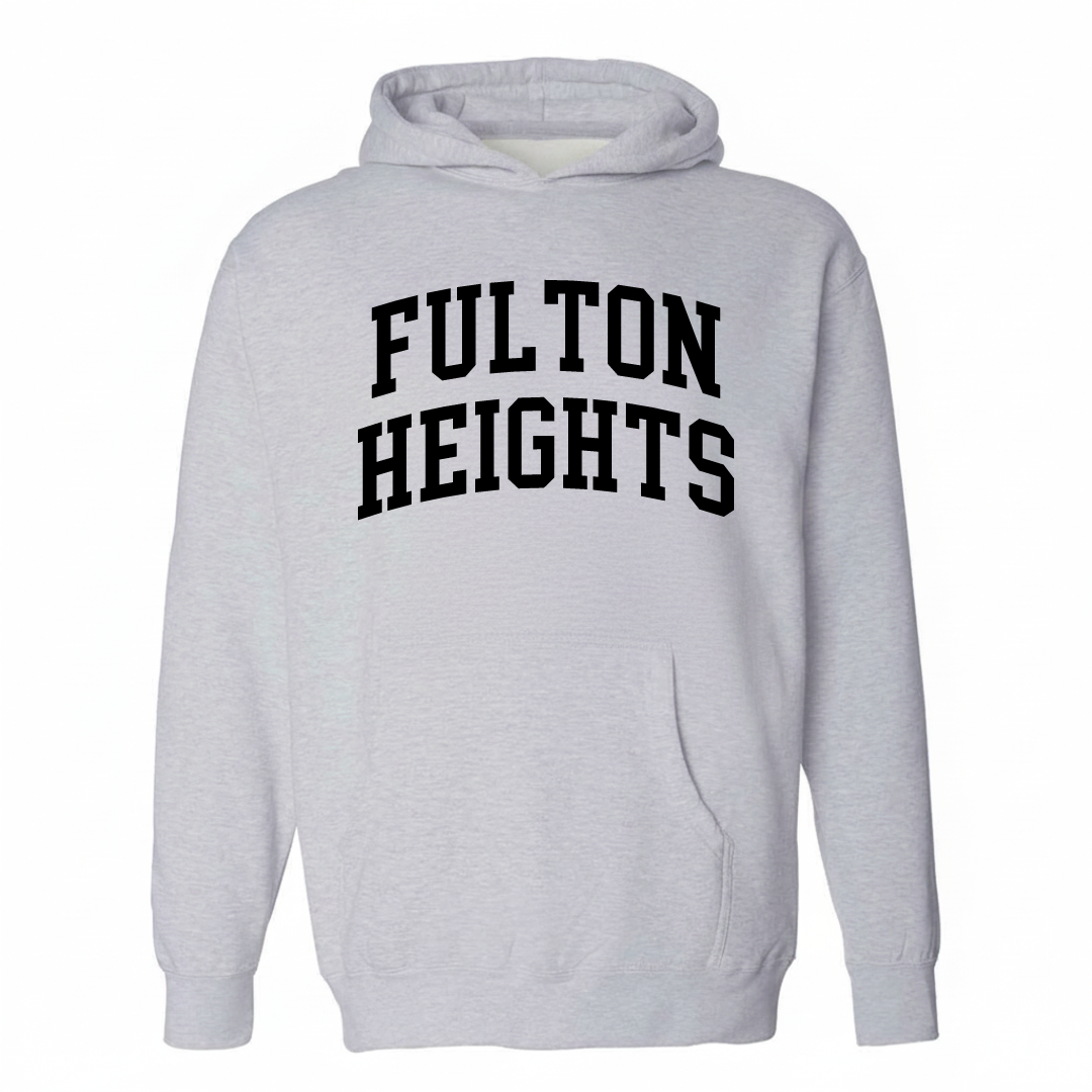 Heather-gray hoodie with the Fulton Heights arched varsity lettering design on the chest.