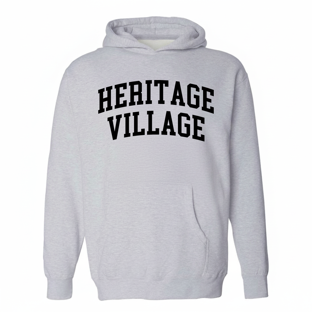 Heather-gray hoodie with the Heritage Village varsity arched lettering design on the chest.