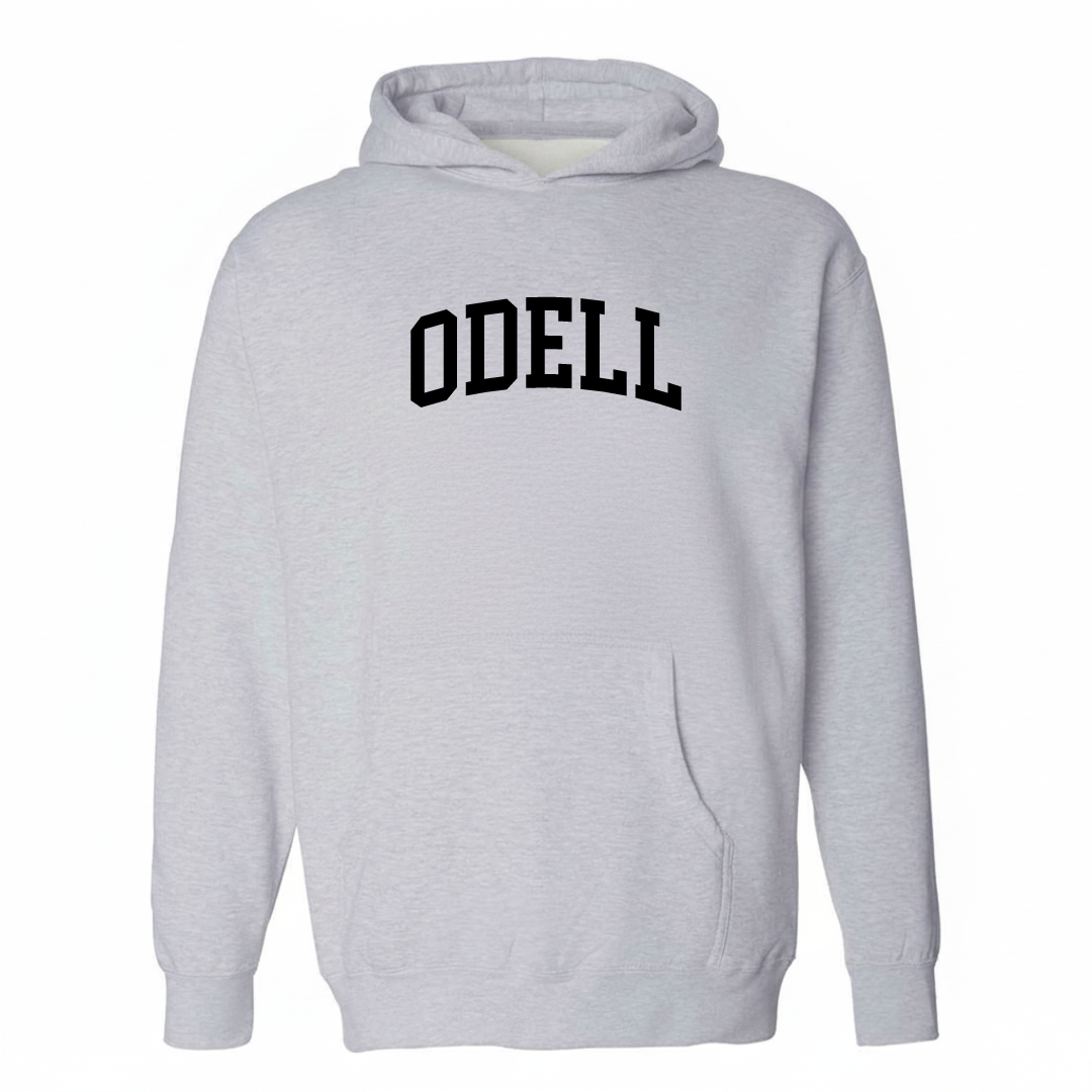 Heather-gray hoodie with the Odell varsity arched lettering design on the chest.