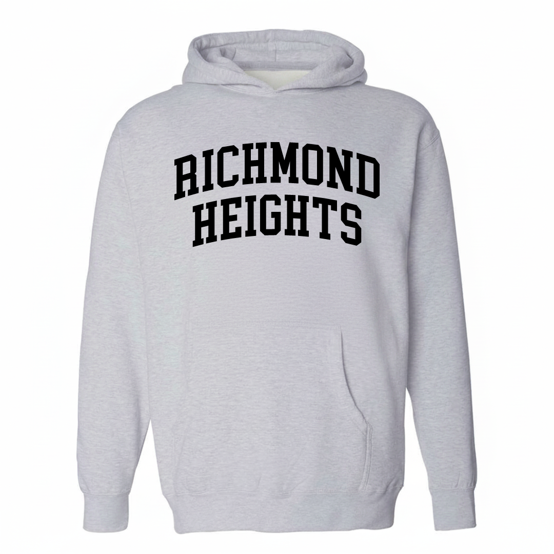 Heather-gray hoodie with the Richmond Heights varsity arched lettering design on the chest.