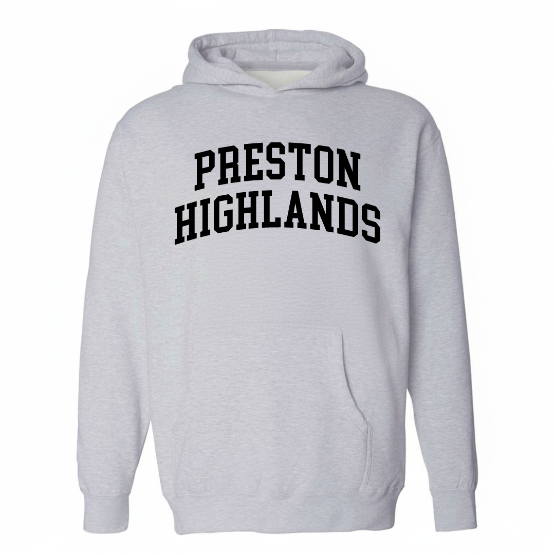 Heather-gray hoodie with the Preston Highlands arched lettering design on the chest.