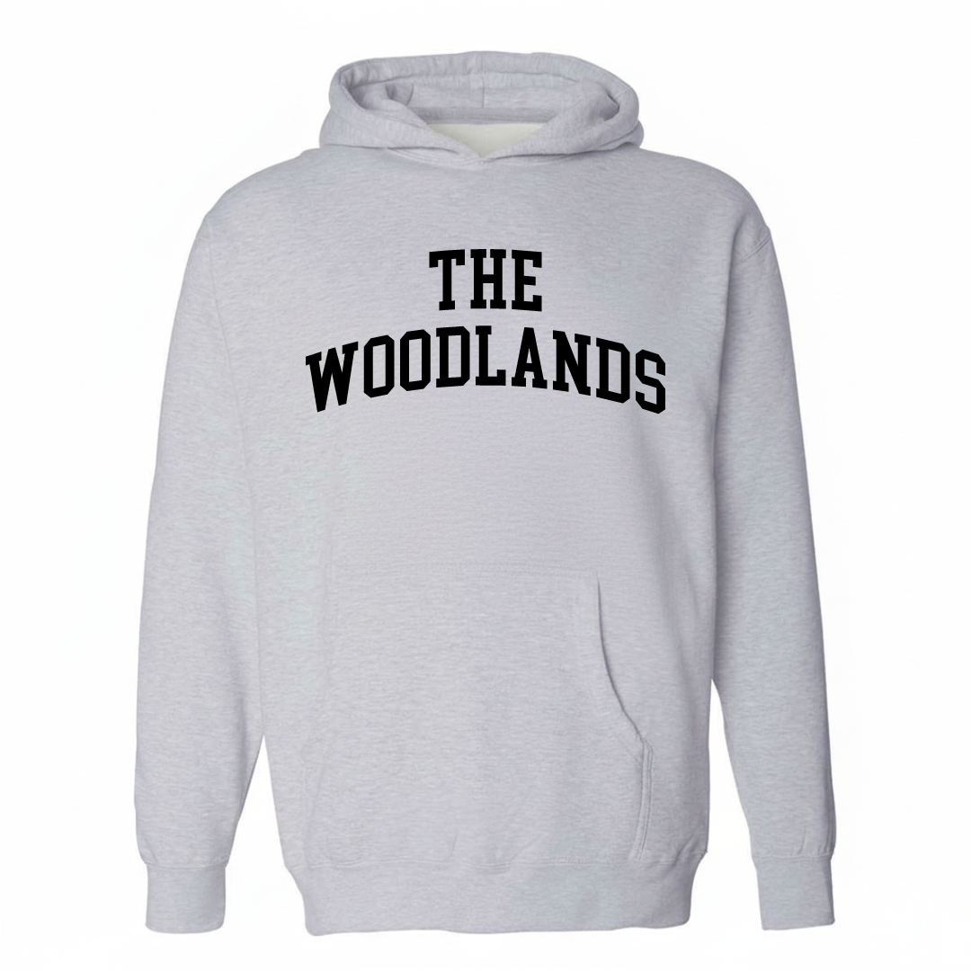 Heather-gray hoodie with The Woodlands varsity arched lettering design on the chest.