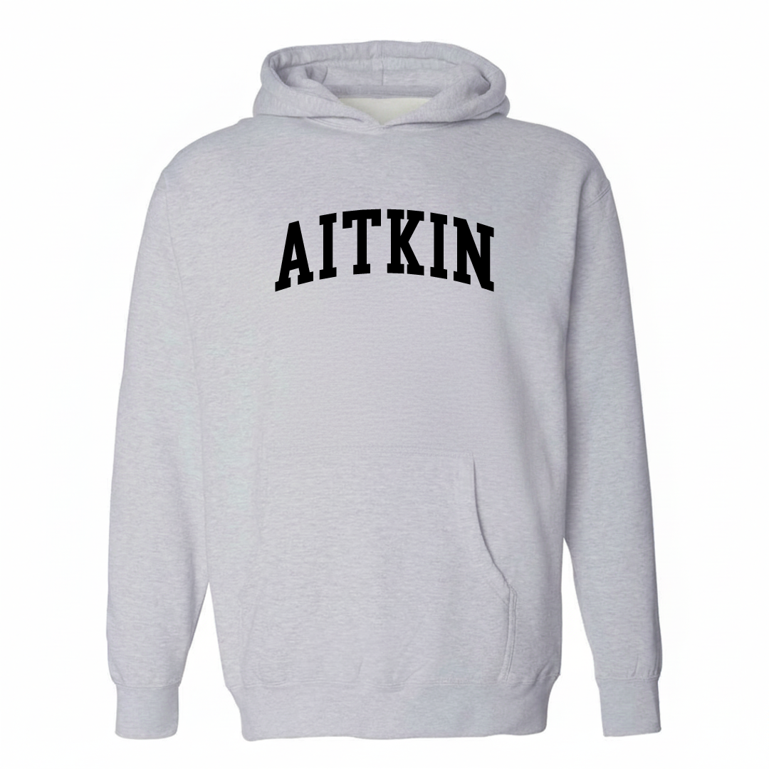 Heather-gray hoodie with the Aitkin arched lettering design on the chest.