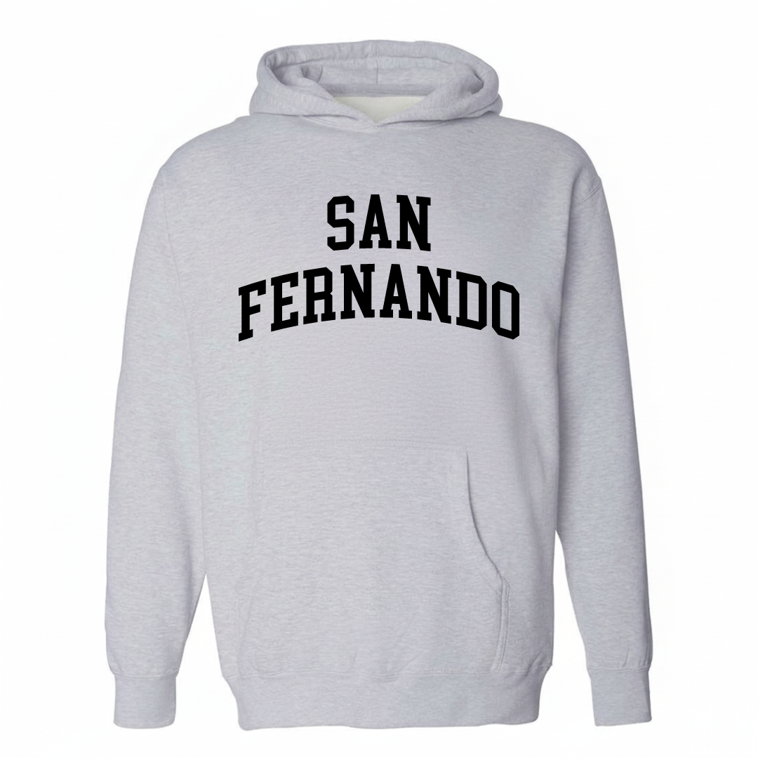 Heather-gray hoodie with the San Fernando varsity arched lettering design on the chest.