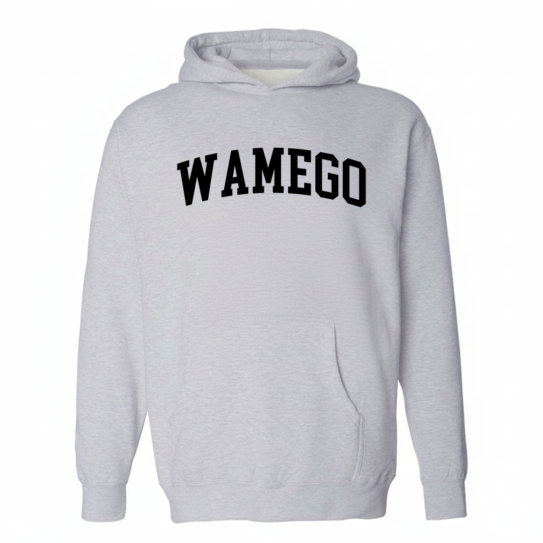 Heather-gray hoodie with the Wamego arched lettering varsity design on the chest.