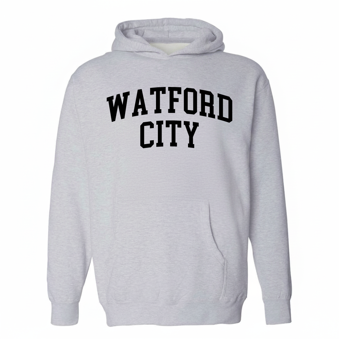 Heather-gray hoodie with the Watford City varsity arched lettering design on the chest.