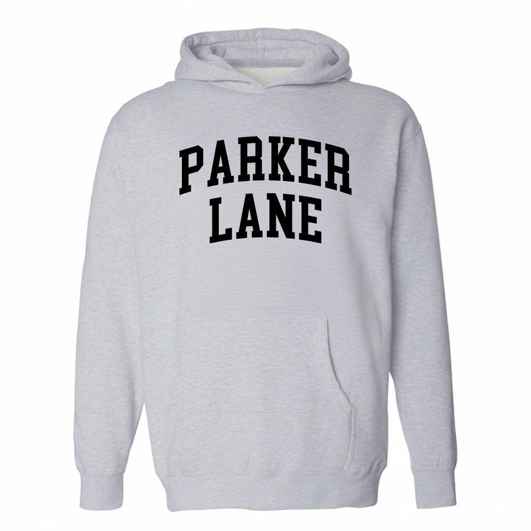 Heather-gray hoodie with the Parker Lane varsity arched lettering design on the chest.