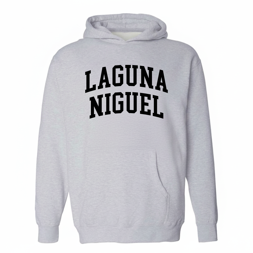 Heather-gray hoodie with the Laguna Niguel varsity arched lettering design on the chest.