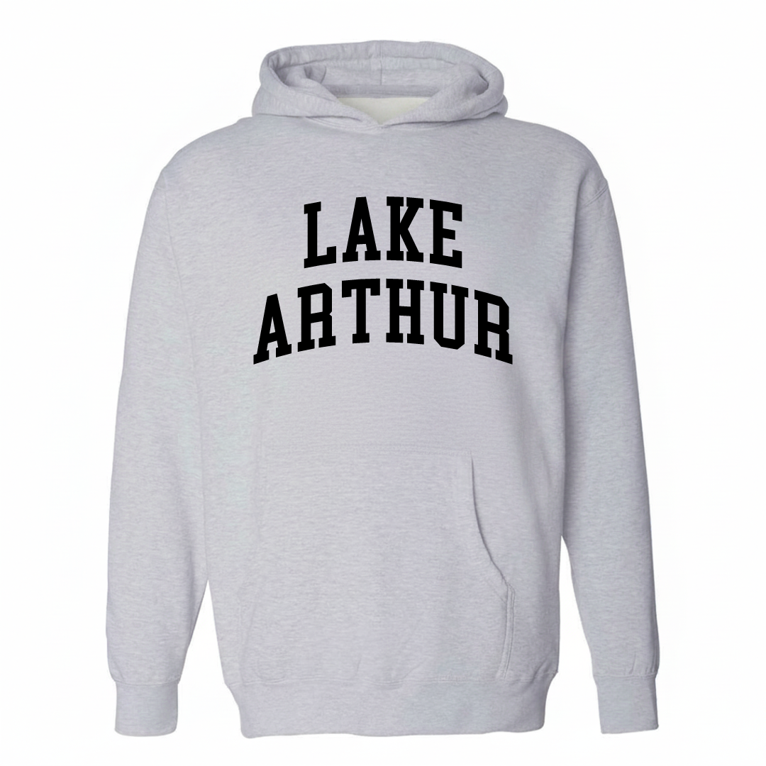Heather-gray hoodie with the Lake Arthur arched lettering design on the chest.