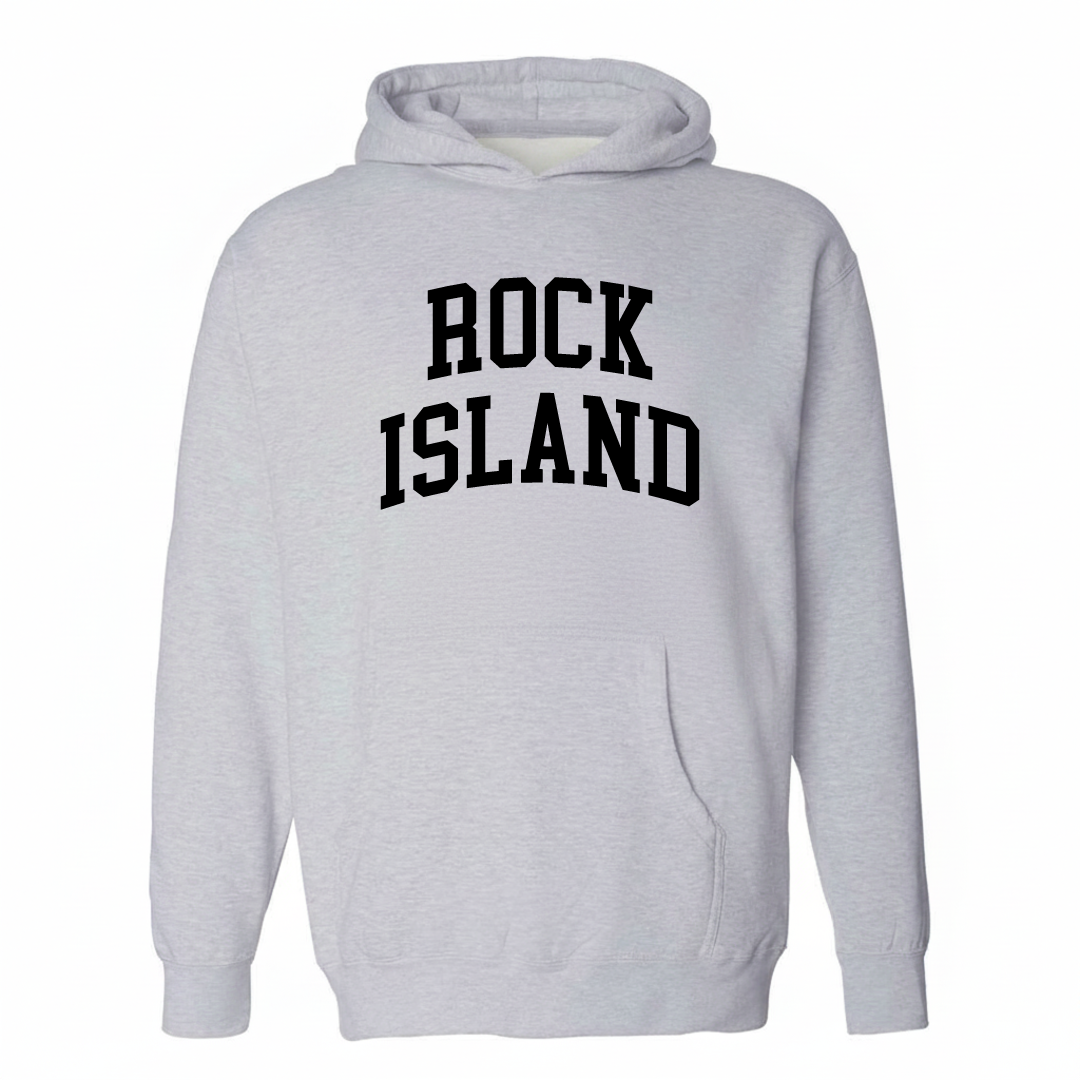 Heather-gray hoodie with the Rock Island varsity arched lettering design on the chest.