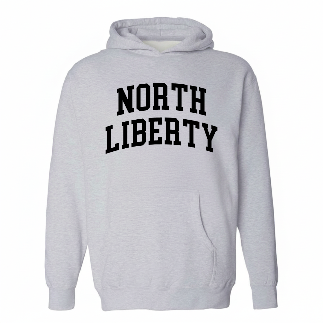 Heather-gray hoodie with the North Liberty arched varsity lettering design on the chest.