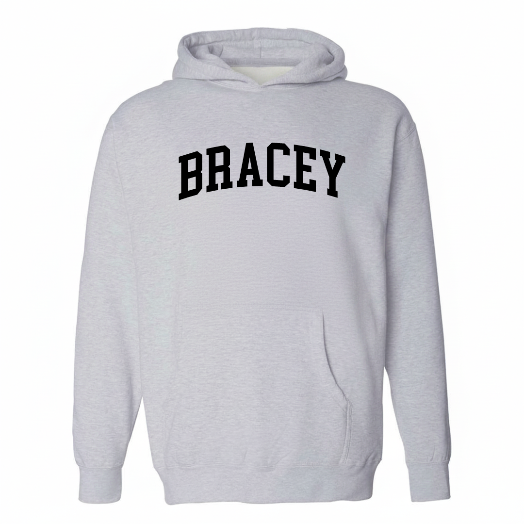 Heather-gray hoodie with the Bracey varsity arched lettering design on the chest.