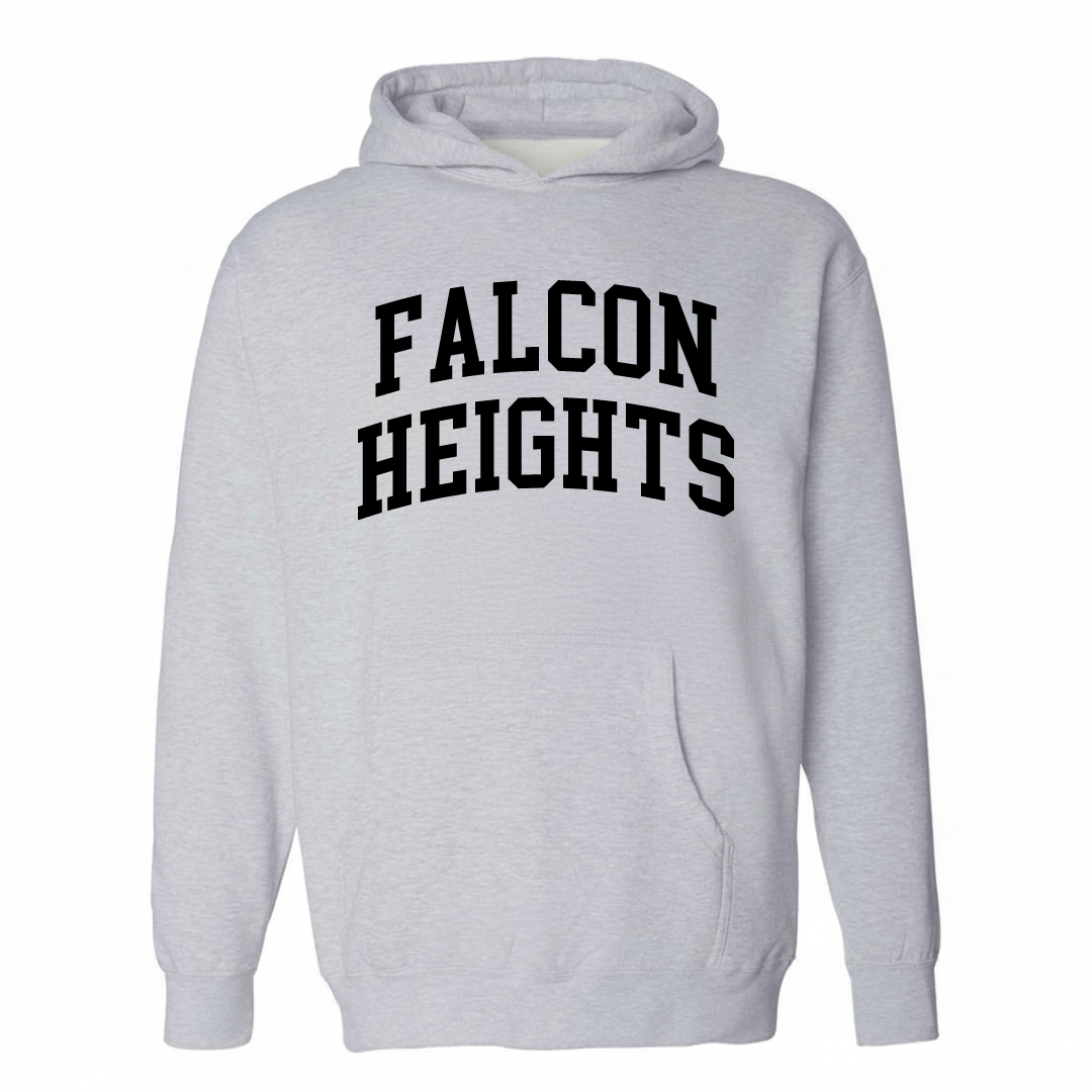 Heather-gray hoodie with the Falcon Heights varsity arched lettering design on the chest.