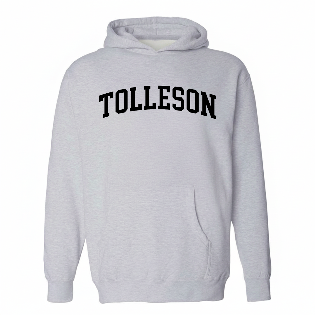 Heather-gray hoodie with the Tolleson varsity arched lettering design on the chest.