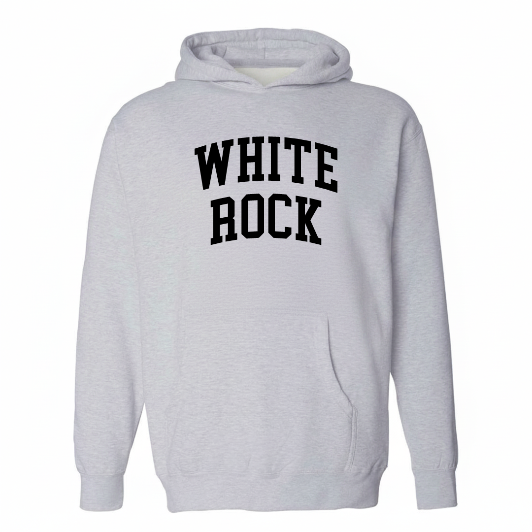 Heather-gray hoodie with the White Rock arched varsity lettering design on the chest.