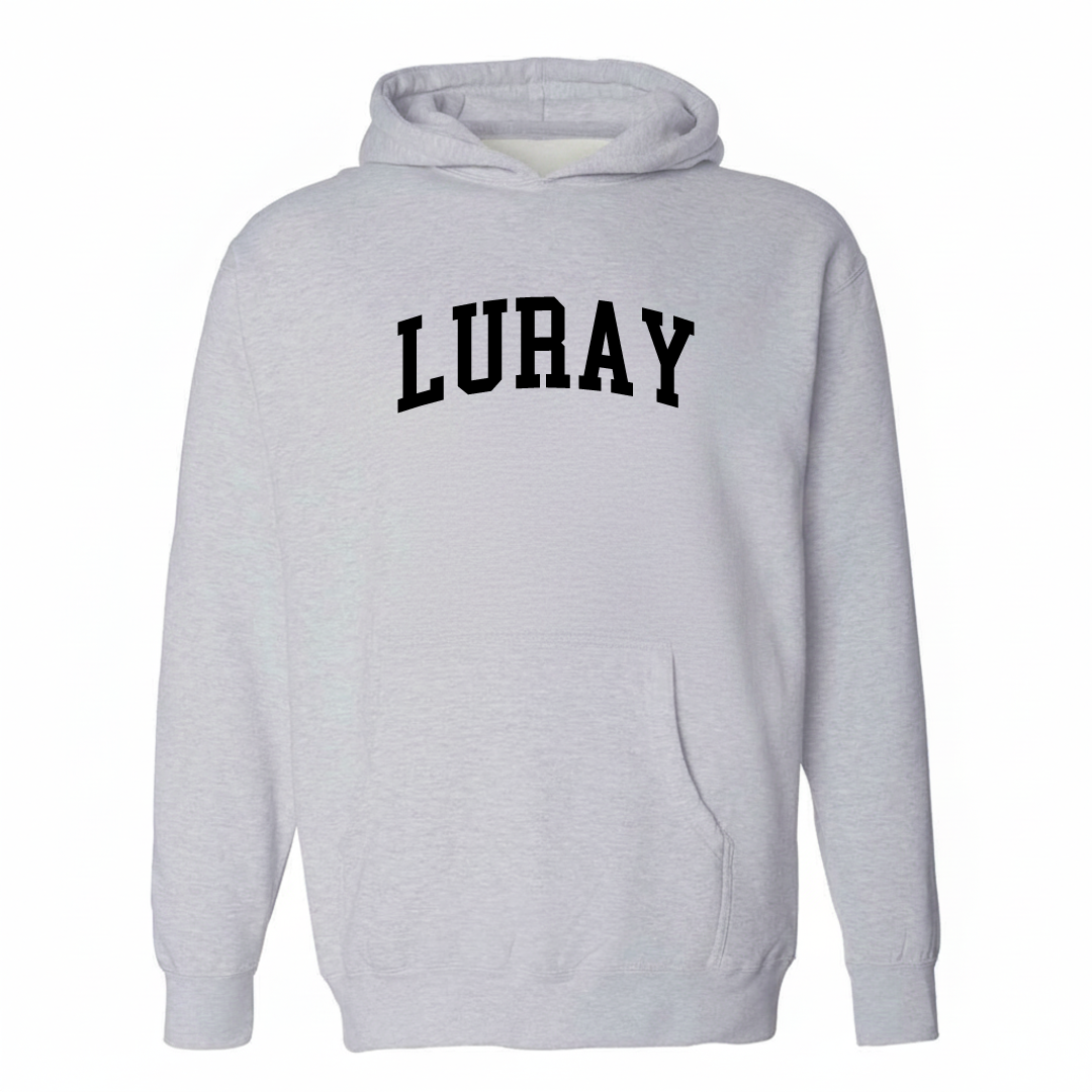 Heather-gray hoodie with the Luray arched varsity lettering design on the chest.